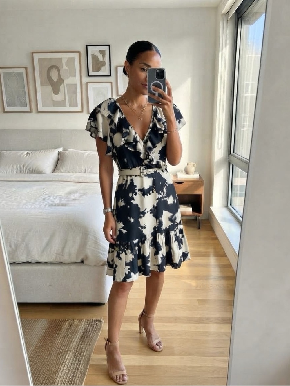 Bardot Black Cream Splatter Print Ruffle Wrap Dress US 8 UK 12